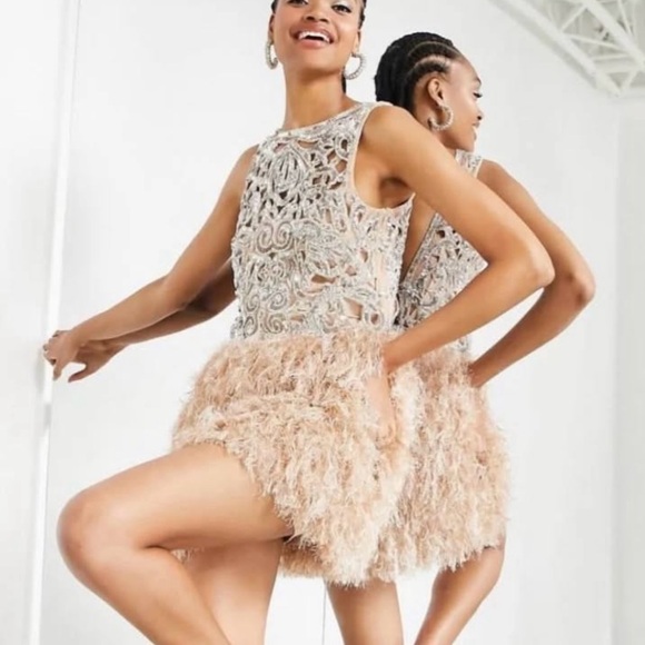ASOS Edition Sequin Cutwork Mini Dress With Faux Feather - Picture 2 of 6